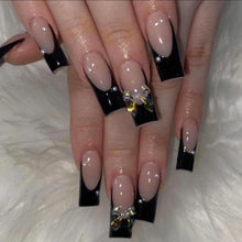 Cargar imagen en el visor de la galería, Uñas postizas largas cuadradas MABKJLF con punta francesa, uñas postizas negras de cobertura completa,a22  uñas postizas con lazo,
