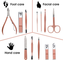 Cargar imagen en el visor de la galería, Juego portátil de cortaúñas y herramientas de belleza, juego de manicura martensítica de acero inoxidable rosa dorado 12 en 1 a19
