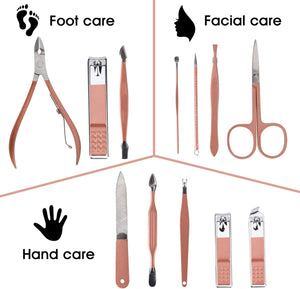 Juego portátil de cortaúñas y herramientas de belleza, juego de manicura martensítica de acero inoxidable rosa dorado 12 en 1 a19
