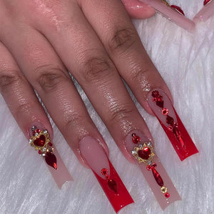 Uñas postizas largas cuadradas a presión, uñas postizas rojas con punta francesa, uñas adhesivas, uñas acrílicas con diseño de corazón 3D, 24 unidades, a22 cuadradas, para mujeres y niñas