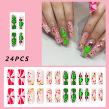 Cargar imagen en el visor de la galería, Uñas postizas a presión de Navidad, largas y cuadradas, lindas uñas postizas de monstruo verde con diseños de cobertura completa, color rosa nude brillante,a22  uñas adhesivas de Navidad, uñas acrílicas
