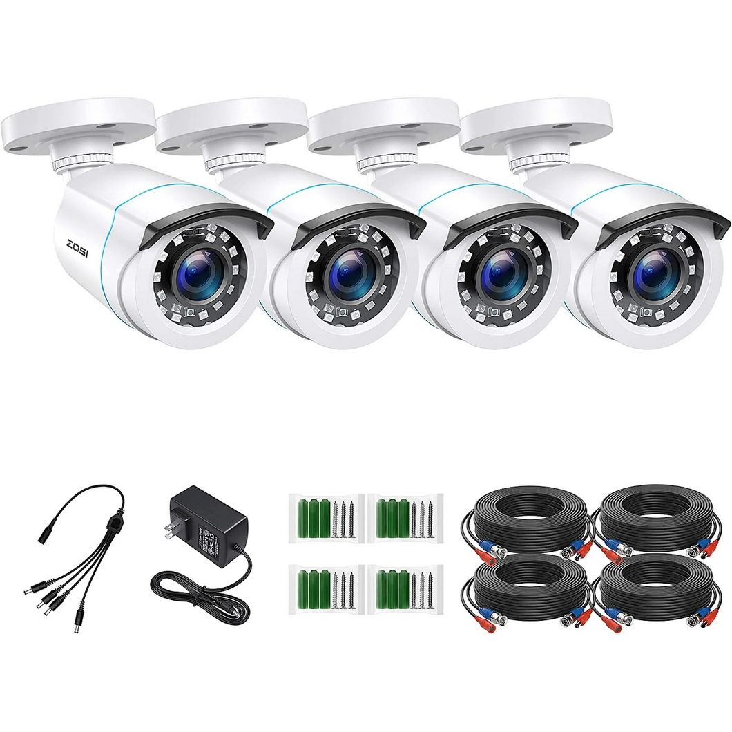 Cámara de seguridad ZOSI para el hogar (paquete de 4) de 2 MP, 1080p, HD-TVI, para exteriores e interiores, 1920 líneas de TV, 24 LED, visión nocturna de 24 m, ángulo de visión de 90°, resistente al agua.