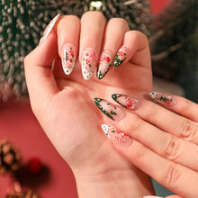 Cargar imagen en el visor de la galería, Uñas postizas a presión de Navidad, uñas postizas medianas con nudo rojo, uñas postizas brillantes con diseño de regalo, uñas adhesivas nude, uñas adhesivas para mujeres, A22  decoración de uñas de Navidad
