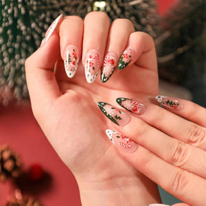 Uñas postizas a presión de Navidad, uñas postizas medianas con nudo rojo, uñas postizas brillantes con diseño de regalo, uñas adhesivas nude, uñas adhesivas para mujeres, A22  decoración de uñas de Navidad