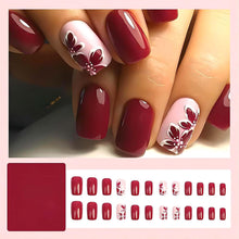 Cargar imagen en el visor de la galería, Uñas postizas cuadradas medianas rojas con pegamento, uñas postizas acrílicas rosas con diseños de flores rojas, uñas artificiales brillantes a presión para otoño e invierno,A22  24 unidades
