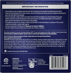 Condones de látex natural intenso de Durex Performax, ultra finos, corrugados, hechos con lubricante para retardar.