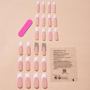 24 piezas de uñas postizas largas tipo ataúd CEWEWP blanco con punta francesa, uñas postizas de cobertura completa con diseños de diamantes de imitación, uñas con pegamento,a22 uñas postizas cuadradas