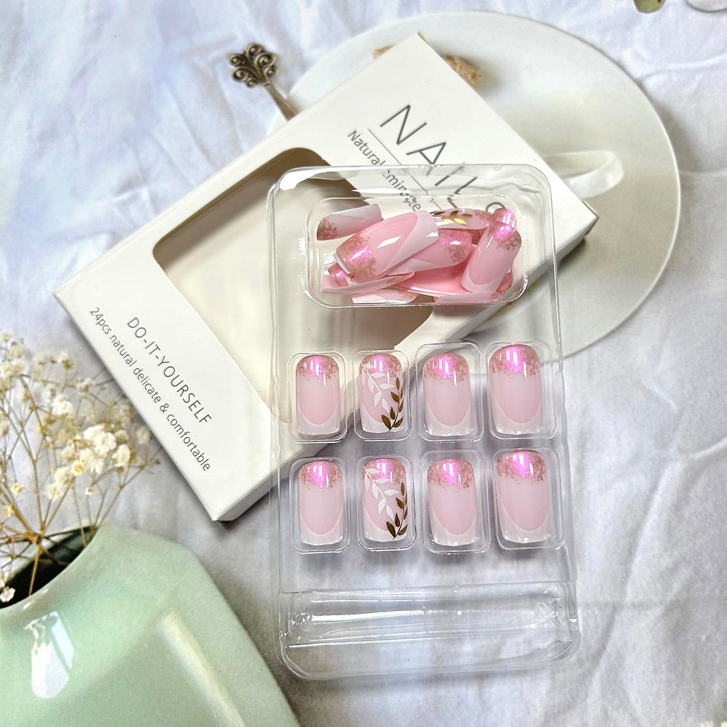 Uñas postizas francesas blancas, uñas postizas a presión, hojas doradas medianas, diseño de polvo con purpurina rosa, uñas postizas acrílicas artificiales,a22  uñas cuadradas, cobertura completa,