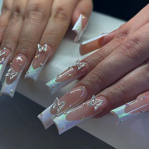 Uñas postizas largas cuadradas MABKJLF blancas con punta francesa, uñas postizas de cobertura completa con diseños de diamantes de imitación de mariposa,A22  uñas acrílicas brillantes con purpurina, uñas