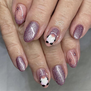 Uñas postizas a presión de Navidad,A22 uñas postizas cortas ovaladas con diseños de estrellas de gnomo, uñas postizas de Navidad, uñas postizas moradas con purpurina,