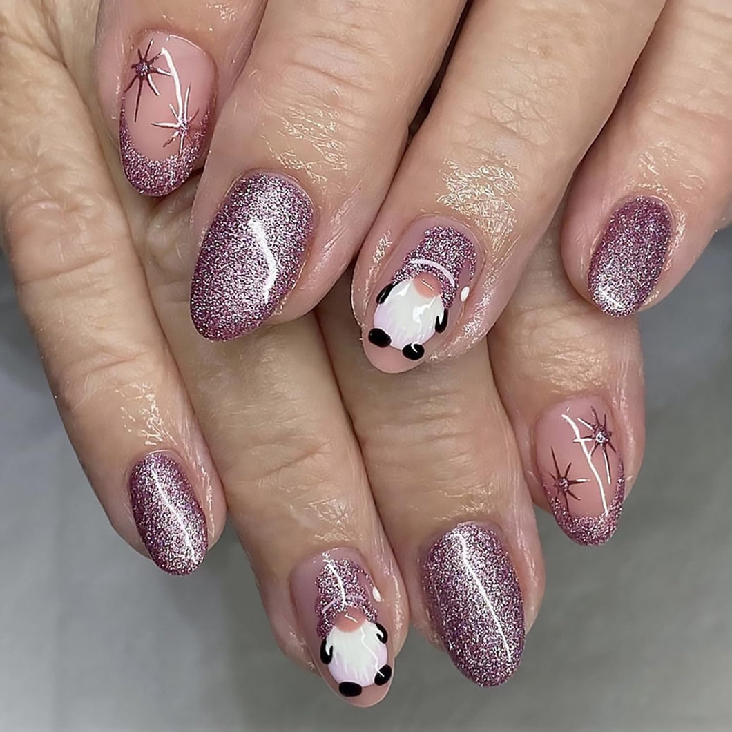 Uñas postizas a presión de Navidad,A22 uñas postizas cortas ovaladas con diseños de estrellas de gnomo, uñas postizas de Navidad, uñas postizas moradas con purpurina,