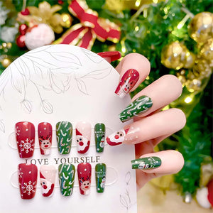 Uñas postizas a presión de Navidad, color rojo, medianas, ataúd, con pegamento, uñas postizas acrílicas con diseños de Papá Noel, muñeco de nieve, lindo alce brillante, A22 uñas artificiales de invierno,
