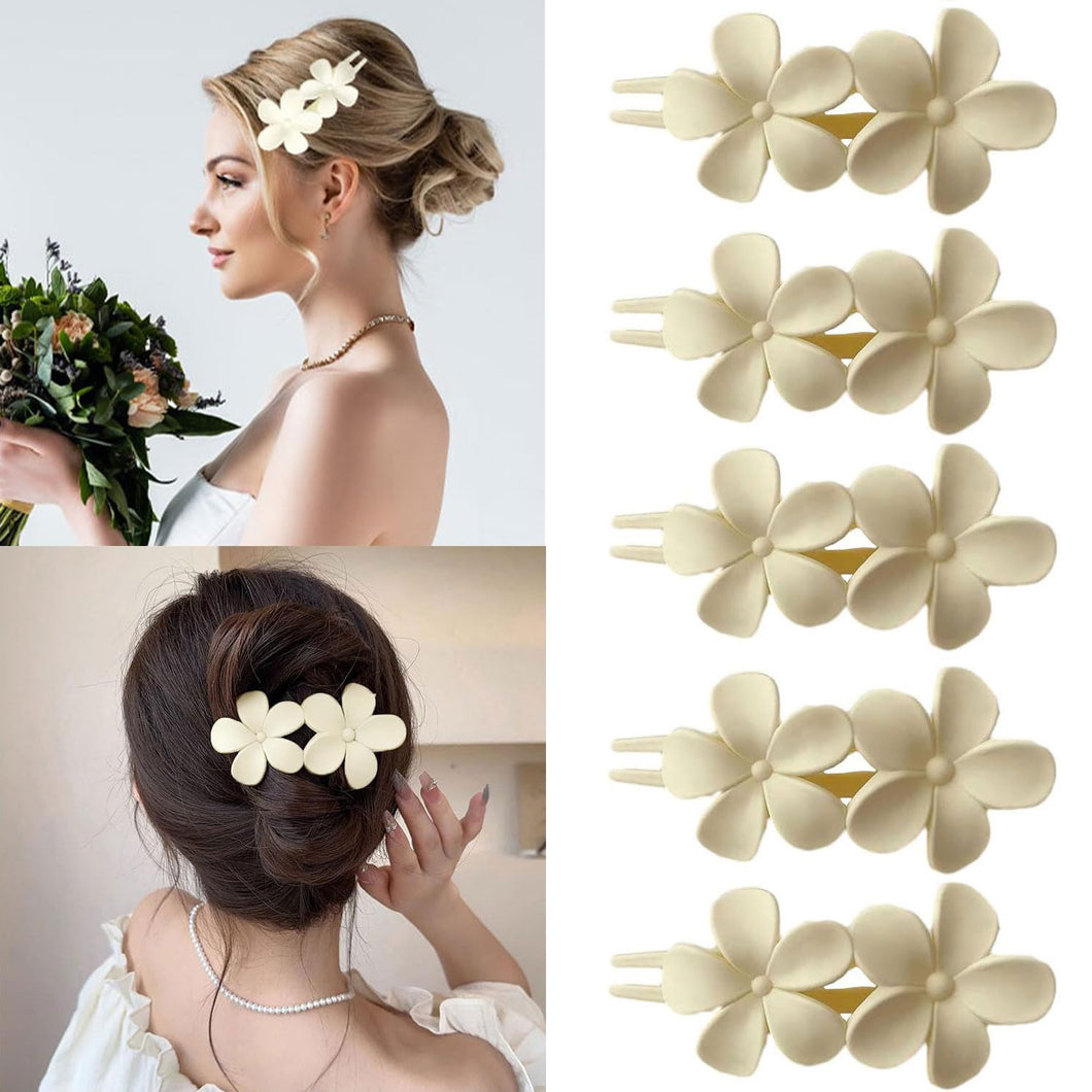 5 pinzas para el cabello planas de flores para mujer, pinzas de pelo planas francesas blancas mate A21