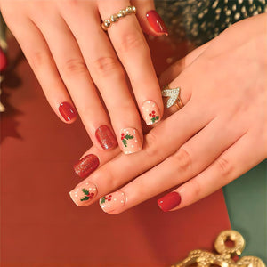 Uñas postizas a presión de Navidad, uñas postizas cuadradas cortas, uñas postizas acrílicas con diseños de bayas rojas, uñas artificiales con polvo de purpurina con pegamento,a22  rojo y rosa, cobertura