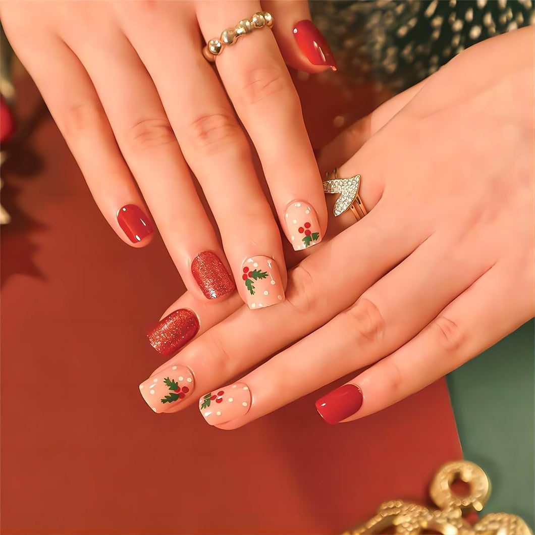 Uñas postizas a presión de Navidad, uñas postizas cuadradas cortas, uñas postizas acrílicas con diseños de bayas rojas, uñas artificiales con polvo de purpurina con pegamento,a22  rojo y rosa, cobertura