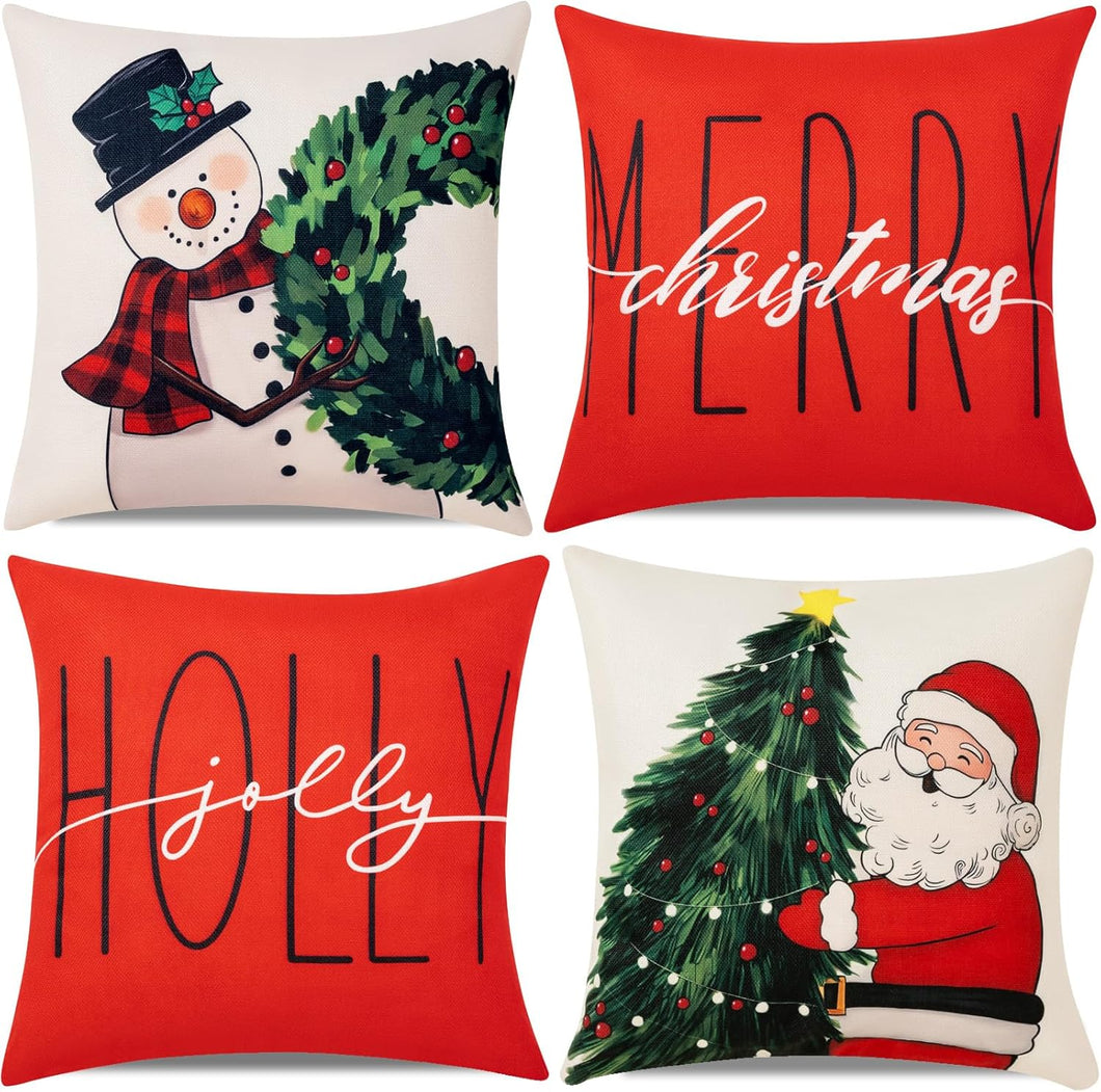 Juego de 4 fundas de almohada de Navidad de 18 x 18 pulgadas, decoración de muñeco de nieve de Papá Noel para sofá, invierno, vacaciones, interiores y exteriores, hogar, decoración de Navidad rojo A19