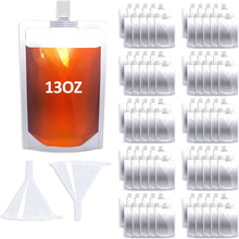 Cargar imagen en el visor de la galería, 100 bolsas de bebida de 13 onzas, bolsas reutilizables con boquilla con embudo para beber jugo de bebidas líquidas, frascos de plástico de pie para viajes, camping, deportes al aire libre
