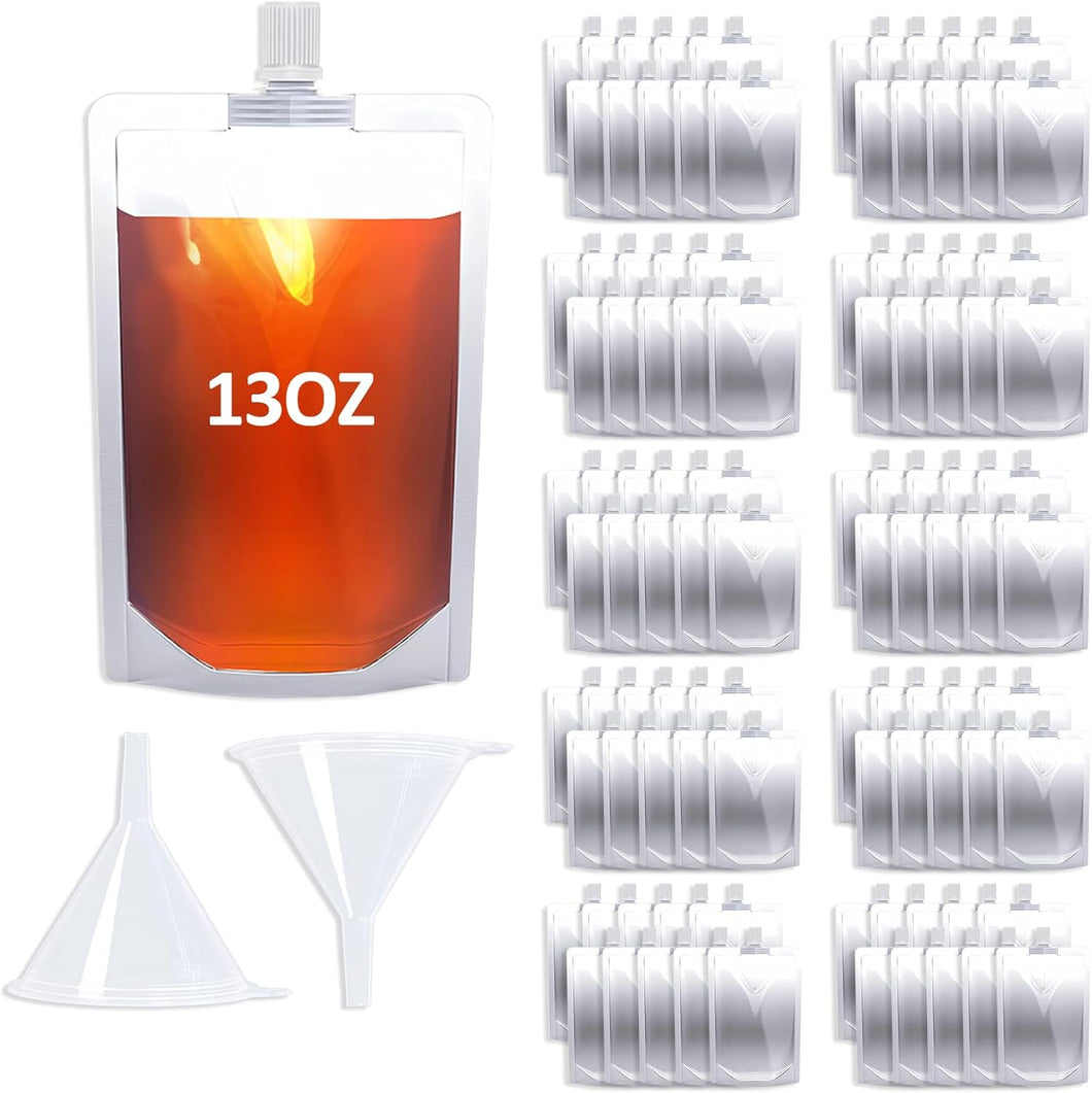 100 bolsas de bebida de 13 onzas, bolsas reutilizables con boquilla con embudo para beber jugo de bebidas líquidas, frascos de plástico de pie para viajes, camping, deportes al aire libre