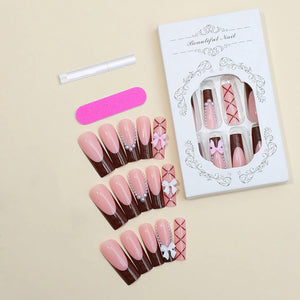 BABALAL Uñas postizas a presión con punta francesa, largas y cuadradas, color marrón, con lazo 3D, con pegamento y perlas, 24 unidades, manicura brillante, a22 uñas acrílicas, para mujeres y niñas