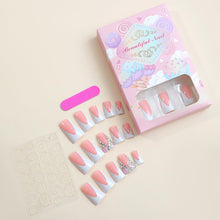 Cargar imagen en el visor de la galería, Uñas postizas a presión de pato hechas a mano, punta francesa, color rosa, cobertura completa, con diseño de flores de diamante, uñas postizas con pegamento brillante,a22  uñas acrílicas lindas
