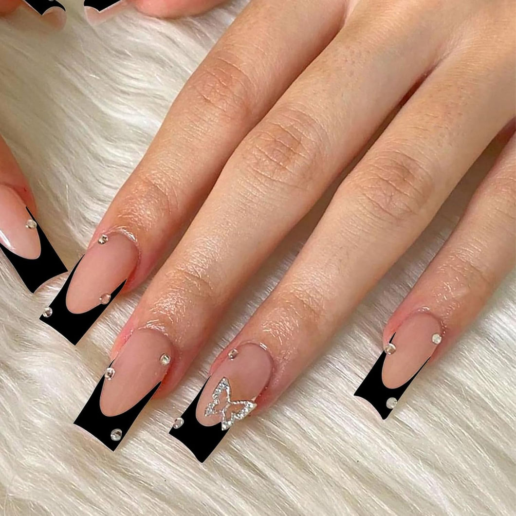 24 uñas postizas a presión de punta francesa negra, uñas postizas largas cuadradas, color rosa, cobertura completa, con diamantes de imitación, diseños de dijes de mariposa,a22  uñas artificiales acrílicas brillantes para mujeres y niñas