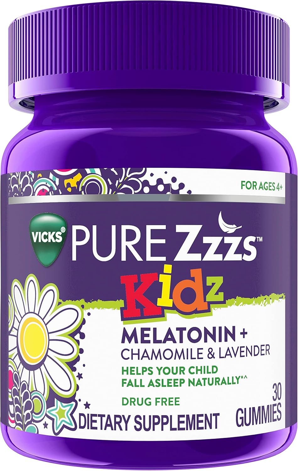 Vicks Pure Zzzs Kidz - Gomitas de melatonina con lavanda a23  y manzanilla para niños y niños, sabor a bayas naturales, 0.5 mg por gomita, 30 unidades a23