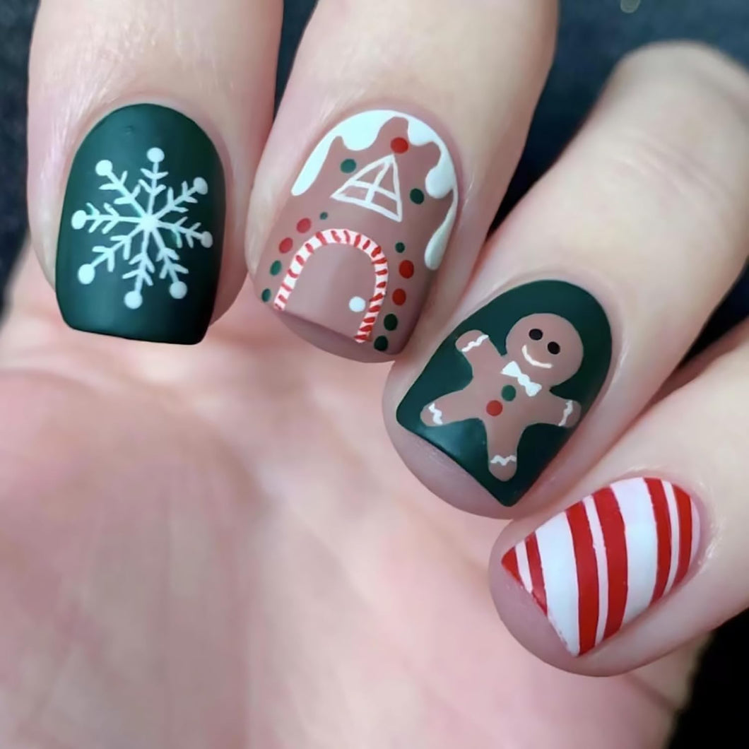Uñas postizas a presión de Navidad, uñas postizas cuadradas cortas con copos de nieve, bastón de caramelo, pan de jengibre, diseños de hombre de jengibre, A22 uñas postizas de Navidad, uñas con pegamento