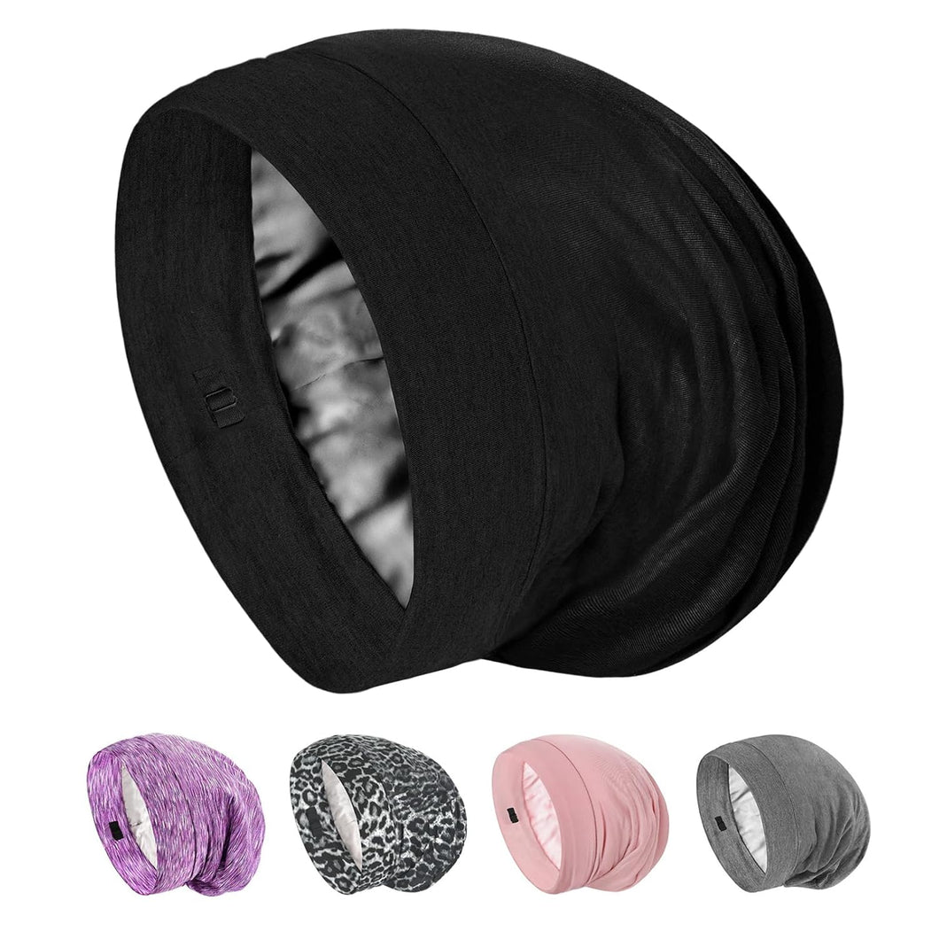 Gorro de seda de morera para dormir, para hombres y mujeres, rizado y ajustable, gorra de noche para cabello natural, antiencrespamiento, permanece puesta, Negro - A19