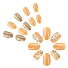 Cargar imagen en el visor de la galería, Uñas postizas a presión de Navidad, uñas postizas cortas de almendra, uñas postizas con purpurina dorada con diseño de lazo, uñas acrílicas brillantes A22 , cobertura completa, uñas adhesivas naranjas
