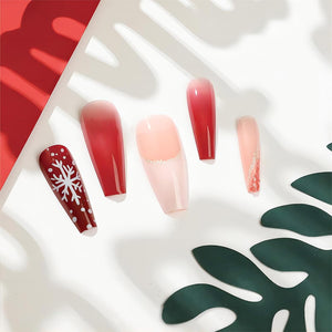Uñas postizas a presión con punta francesa de Navidad, uñas postizas largas de ataúd, uñas postizas acrílicas con diseños rojos degradados, polvo de purpurina,A22  uñas artificiales a presión con copos