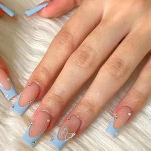 Uñas postizas a presión con punta francesa azul, uñas postizas largas cuadradas MABKJLF de cobertura completa, color rosa, a22  con dije de mariposa, con diseños de diamantes