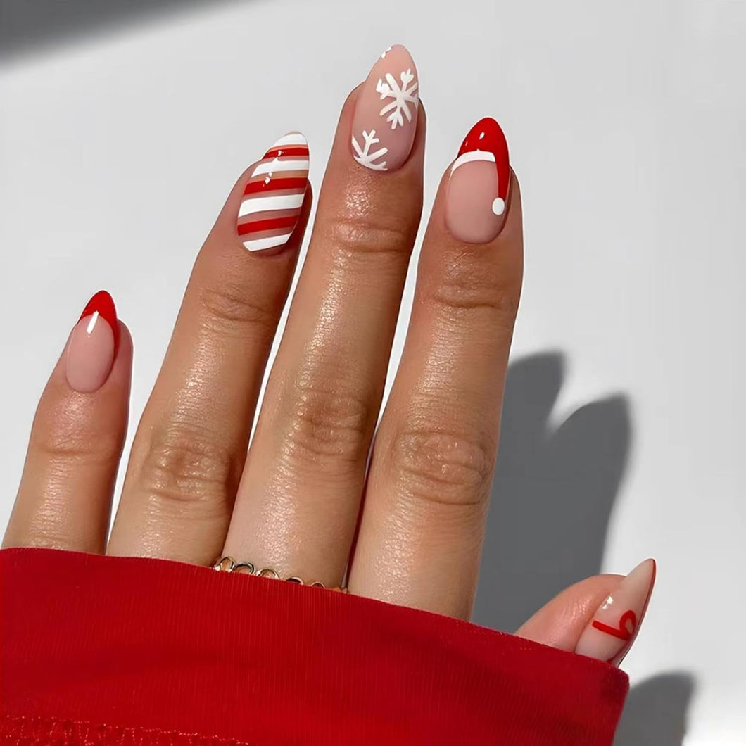 Uñas postizas a presión de Navidad, uñas postizas medianas con diseño de sombrero de Navidad, uñas postizas con diseño de sombrero de Navidad,A22  uñas con pegamento en uñas acrílicas brillantes