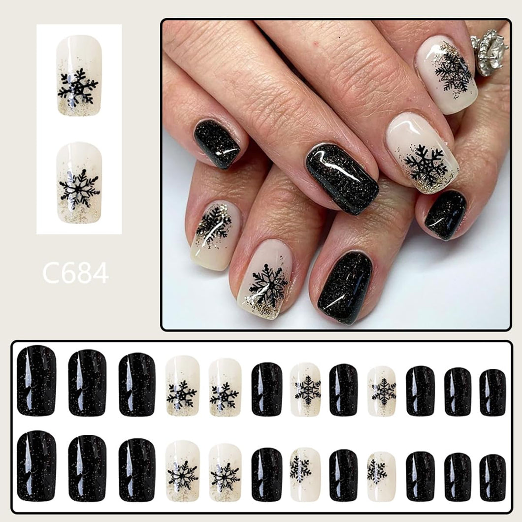 24 uñas postizas a presión de copos de nieve negros de Navidad, cortas, cuadradas, cobertura completa, diseños de copos de nieve de invierno a22 , uñas acrílicas artificiales de Navidad, uñas adhesivas