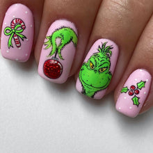 Cargar imagen en el visor de la galería, Uñas postizas a presión de Navidad, uñas postizas cuadradas cortas, color rosa, uñas postizas de invierno con divertido a22  diseños de monstruos de pelo verde,
