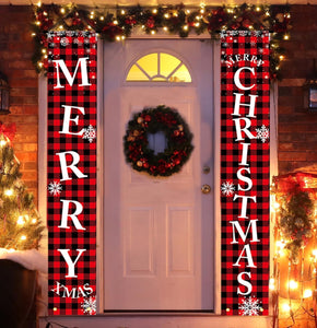 Decoración de Navidad con texto en inglés «Merry Christmas», juego de letreros para porche delantero, pancarta de puerta a cuadros rojos y negros, pancarta colgante para pared del hogar, puerta A19
