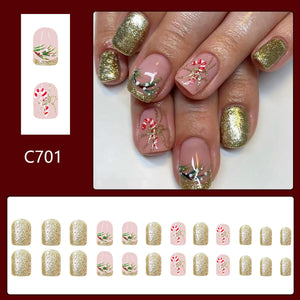 24 piezas de uñas postizas cortas cuadradas de Navidad, lindas uñas postizas de cobertura completa con diseño de purpurina, uñas adhesivas de Navidad,  a22 uñas artificiales acrílicas de invierno