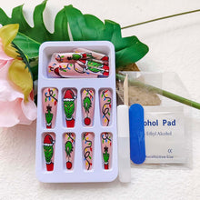 Cargar imagen en el visor de la galería, Uñas postizas a presión de Navidad, uñas postizas largas con diseño de ataúd de dibujos animados, diseño de sombrero de Papá Noel rojo, uñas artificiales verdes con pegamento rosa, A22 cobertura completa,
