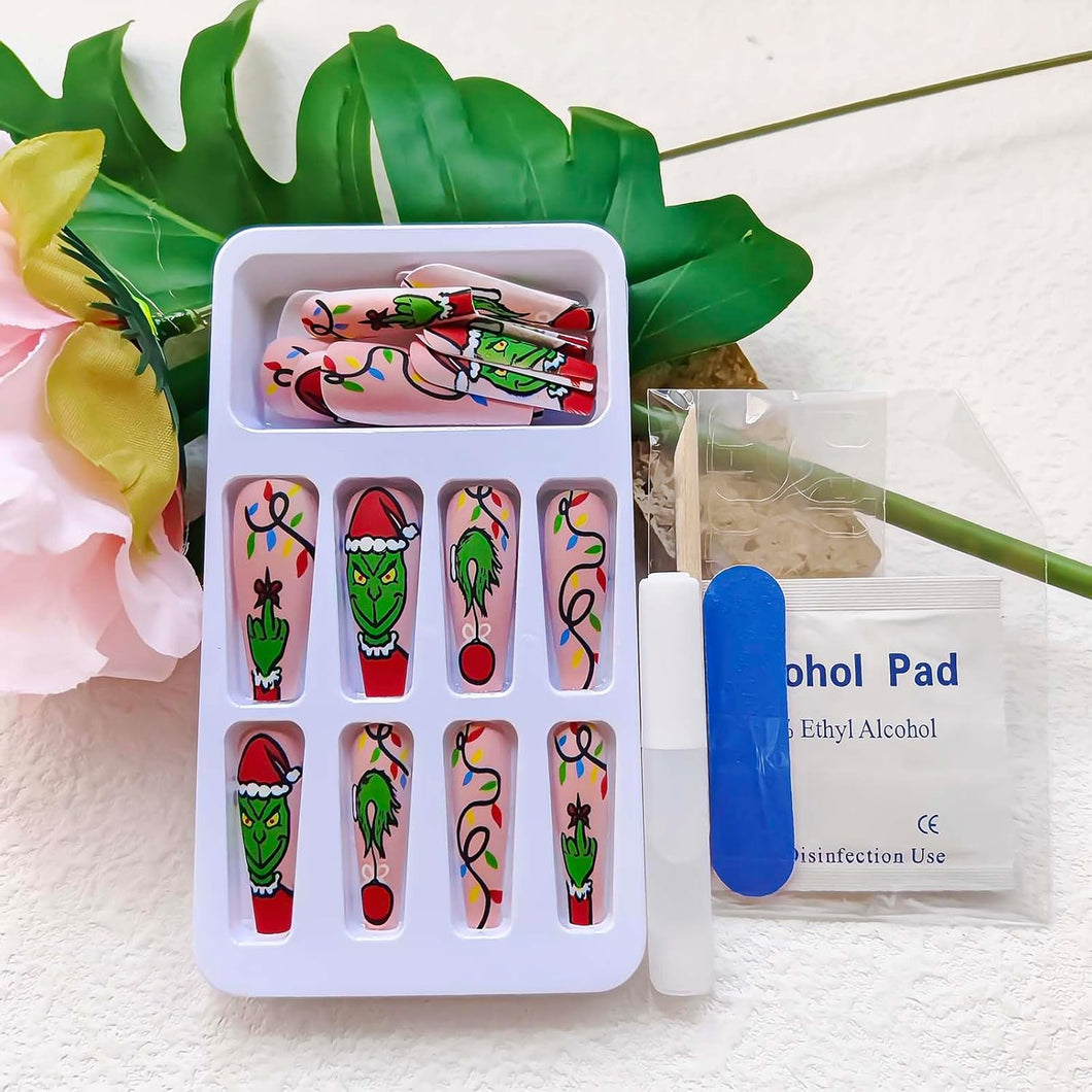 Uñas postizas a presión de Navidad, uñas postizas largas con diseño de ataúd de dibujos animados, diseño de sombrero de Papá Noel rojo, uñas artificiales verdes con pegamento rosa, A22 cobertura completa,