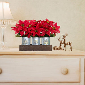Flores de Pascua artificiales de Navidad con luces LED, centro de mesa de Navidad rojo en macetas y caja de madera para decoración A19