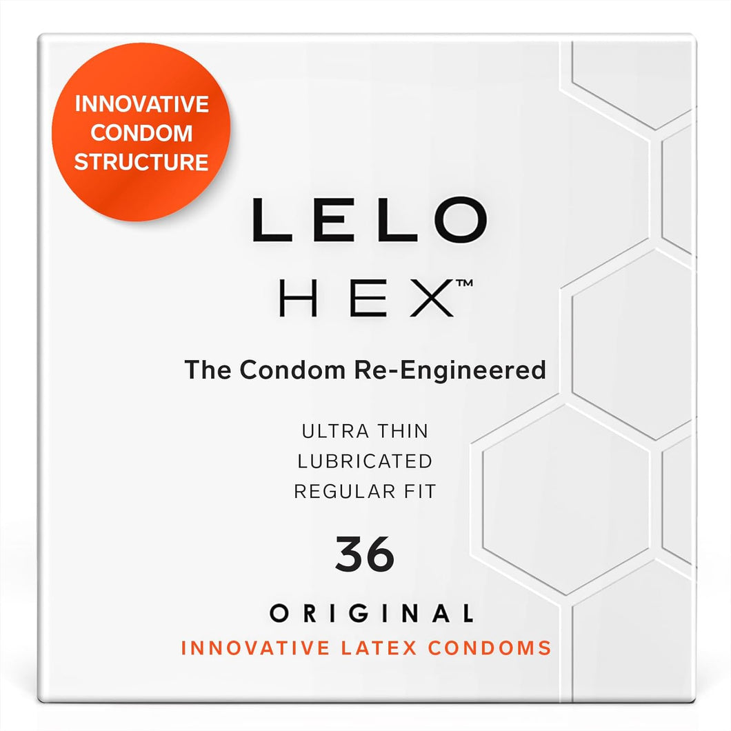 LELO HEX - Preservativos ultrafinos originales con mayor fuerza, condón masculino, condones lubricados para hombres, 2.12 pulgadas/2.126 in de diámetro (paquete de 36) ln26