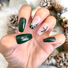 Cargar imagen en el visor de la galería, Uñas postizas a presión de punta francesa de Navidad, uñas postizas medianas con diseños de diamantes de imitación, color verde, cobertura completa A22 , uñas artificiales a presión, lindas uñas adhesivas
