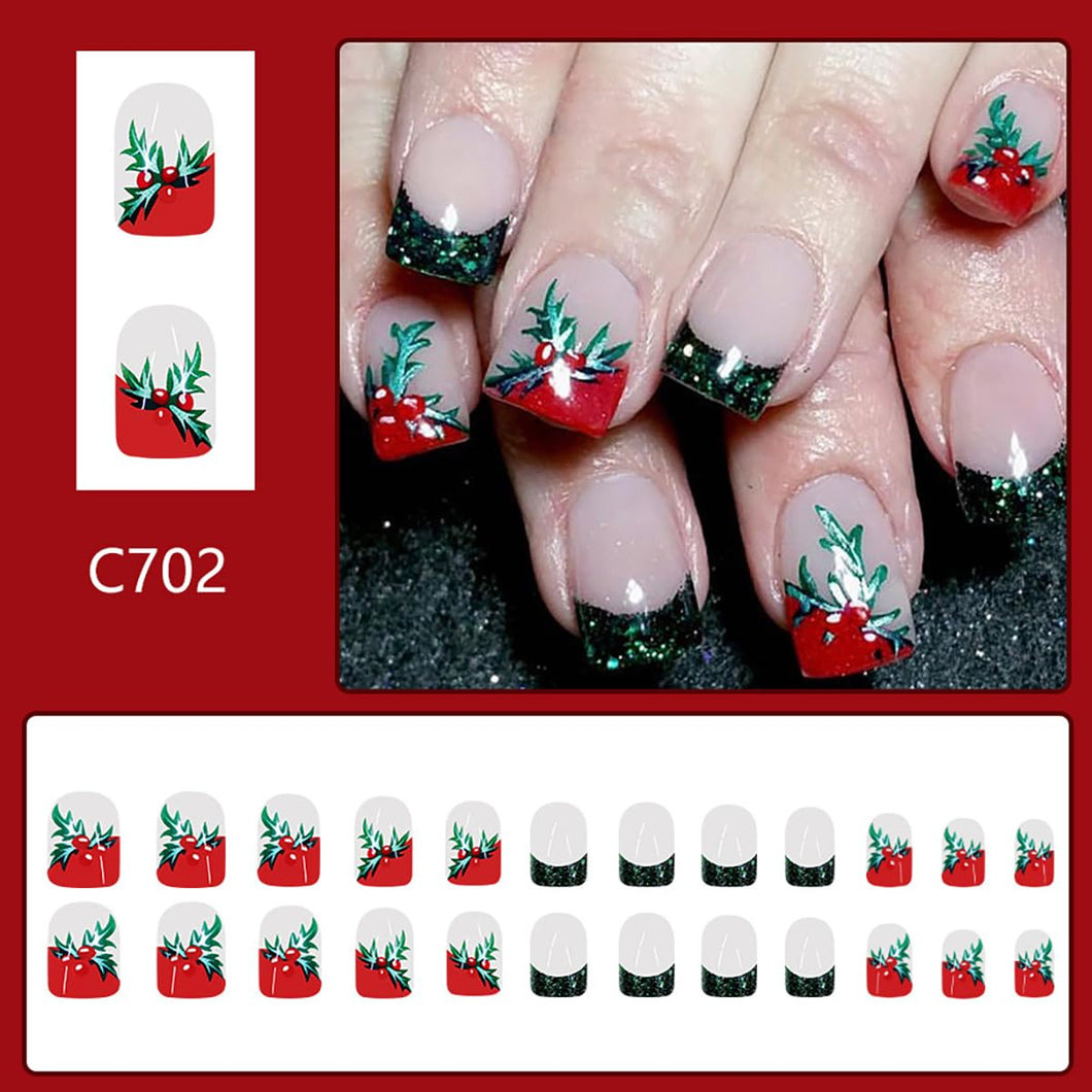 24 uñas postizas a presión de Navidad con punta francesa, cobertura completa, uñas postizas de Navidad, color nude, uñas acrílicas para vacaciones de invierno, a22  uñas postizas de Navidad con diseño, kit