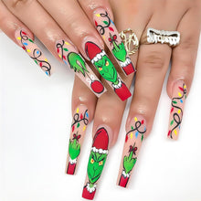 Cargar imagen en el visor de la galería, Uñas postizas a presión de Navidad, uñas postizas largas con diseño de ataúd de dibujos animados, diseño de sombrero de Papá Noel rojo, uñas artificiales verdes con pegamento rosa, A22 cobertura completa,
