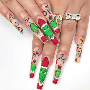 Uñas postizas a presión de Navidad, uñas postizas largas con diseño de ataúd de dibujos animados, diseño de sombrero de Papá Noel rojo, uñas artificiales verdes con pegamento rosa, A22 cobertura completa,