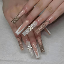 Cargar imagen en el visor de la galería, BABALAL Uñas postizas largas a presión, cuadradas, color blanco, nude, con pegamento, uñas acrílicas con purpurina dorada, diseño de diamantes de imitación de flores en 3D, uñas postizas a22  de primavera
