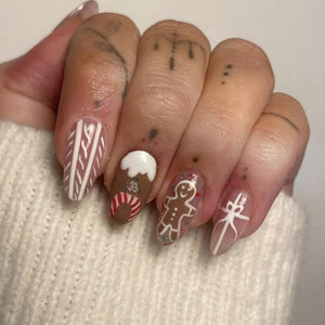 Uñas postizas a presión de Navidad, uñas postizas cortas de almendra, muñeco de nieve, uñas postizas brillantes con diseño de caramelo, a22 uñas con pegamento nude, uñas acrílicas artificiales con lazo,