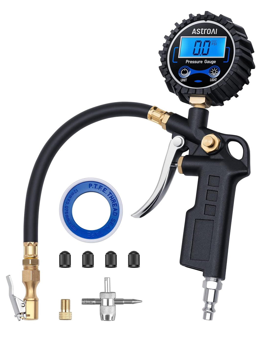 AstroAI Medidor digital de presión de neumáticos con inflador, portabrocas de aire de 250 PSI y accesorios de compresor de alta resistencia con acoplador de conexión rápida, a24