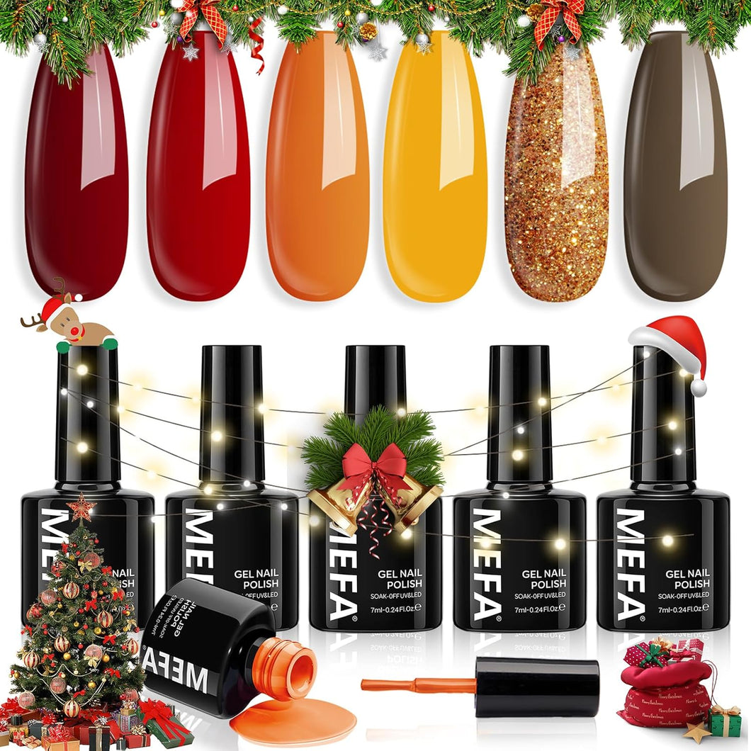 Juego de esmaltes de uñas de gel de otoño de 6 colores, tonos de otoño, naranja, rojo, marrón, purpurina, amarillo, A22 esmalte de gel de calabaza