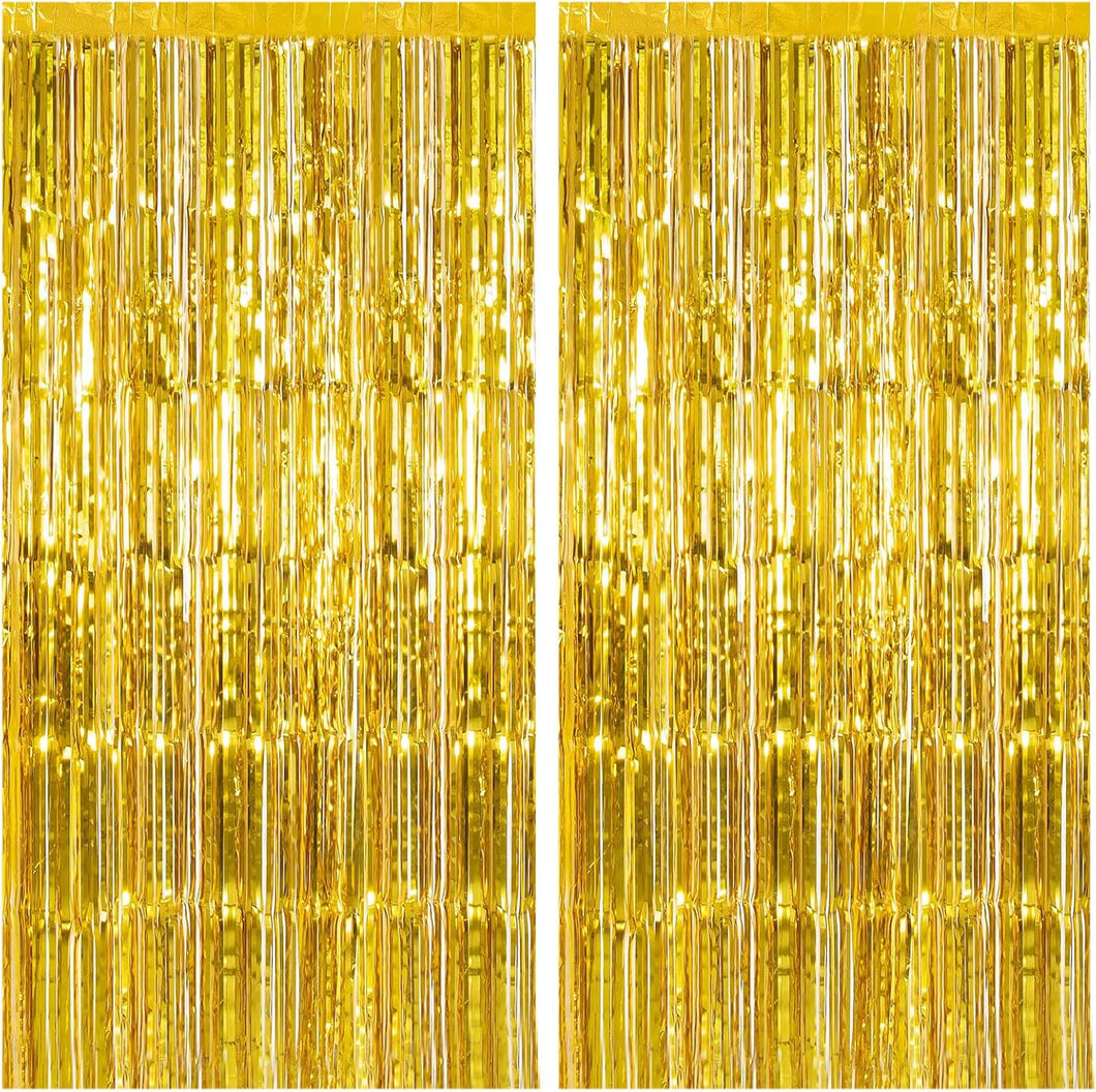 Paquete de 2 telón de fondo dorado para decoración de cumpleaños, cortinas de papel de aluminio con serpentinas doradas, Q1