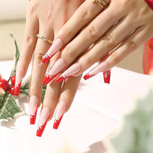 Cargar imagen en el visor de la galería, Uñas postizas largas de Navidad con punta roja francesa, uñas postizas acrílicas con diseños de copos de nieve con purpurina, color rosa,A22  cobertura completa, uñas artificia
